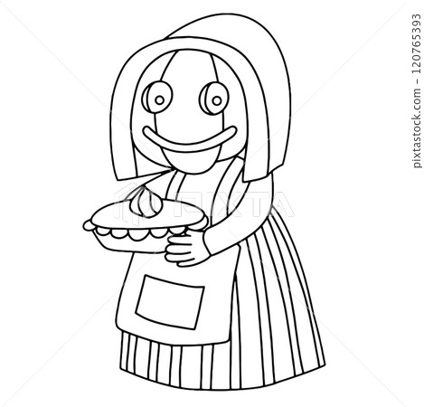 Vector cute drawing for halloween. character with pumpkin head and pumpkin pie. Coloring book Vector cute drawing for halloween. character with pumpkin head and pumpkin pie. Coloring book 120765393