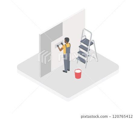 Isometric plasterer renovating indoor walls and ceilings with float and plaster. Construction finishing works. Construction building industry, new home, construction interior. Vector illustration. 120765412