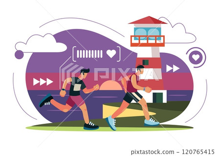 Running characters. Athletes in sports uniforms, city marathon. Sport competition, jogging men. Athletic runners. Healthy lifestyle background. Vector cartoon isolated sportsman illustration 120765415