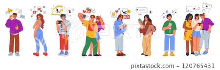 Person with mobile phone. Girl and boy character, woman and man talk in cell, female and male teens using, play and hold selfie device. Social media chat, take photo, listen music. Vector set Person with mobile phone. Girl and boy character, woman and man talk in cell, female and male teens using, play and hold selfie device. Social media chat, take photo, listen music. Vector set 120765431