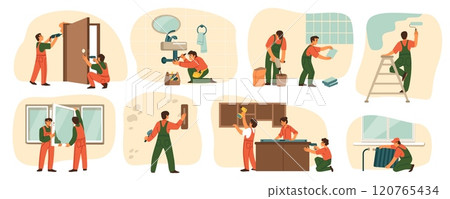 Building icons. Home renovation. Wall painting. Workers installing door or window. Builder laying tile. Constructor occupation. Professional brigade. House repair vector concepts set 120765434