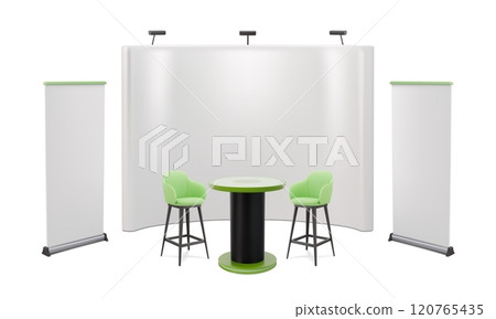 Roll up stand. Booth banner for trade show. 3D rollup mockup. High pull roller. Fair promotion presentation. Empty desk and chairs for presenters. Vector exhibition studio billboards 120765435