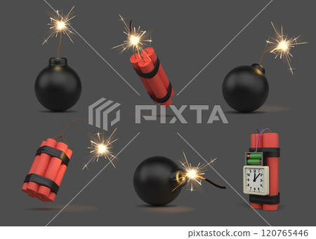 3d dynamite. Bomb tnt fuse, detonator explosive isolated military elements different side view. Realistic burning ignite, danger wick fuze, pyrotechnics and mine with timer. Vector isolated set 120765446