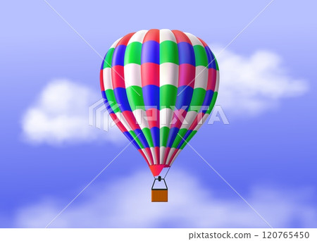 Hot air balloon. Aerial travel. Realistic airship in cloudy sky. Flying vehicle transportation. Ballooning flight. Floating aircraft. Basket with striped dome. Vector airy transport Hot air balloon. Aerial travel. Realistic airship in cloudy sky. Flying vehicle transportation. Ballooning flight. Floating aircraft. Basket with striped dome. Vector airy transport 120765450
