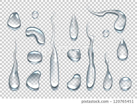 Water droplet. PNG drop splash, glass drip surface or transparent dew liquid texture. Clean rain, wet shower. Clear raindrop background. Condensation on window. Realistic vector isolated set 120765451