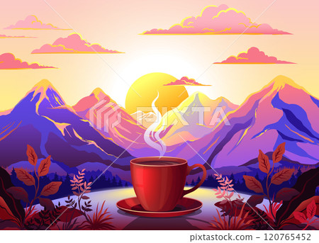 Coffee break. Morning tea cup. Hot drink steam. Breakfast food on kitchen. Nature panorama. Restaurant art with green leaves and scenic sunrise. Mountain landscape. Vector background 120765452