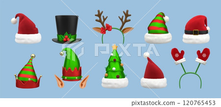 Elf hat. Winter ear accessory. Santa cap. Xmas Noel headwear. Photo Booth elements. Christmas gift for fashion party. Reindeer horns. Carnival costume. Deer headband. Vector cartoon set 120765453