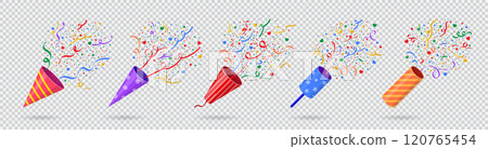 Birthday confetti. Congratulate firecracker explosion. Carnival paper popper. Surprise promotion. Festive anniversary. Serpentine burst. Happy celebration. Vector holiday elements set Birthday confetti. Congratulate firecracker explosion. Carnival paper popper. Surprise promotion. Festive anniversary. Serpentine burst. Happy celebration. Vector holiday elements set 120765454