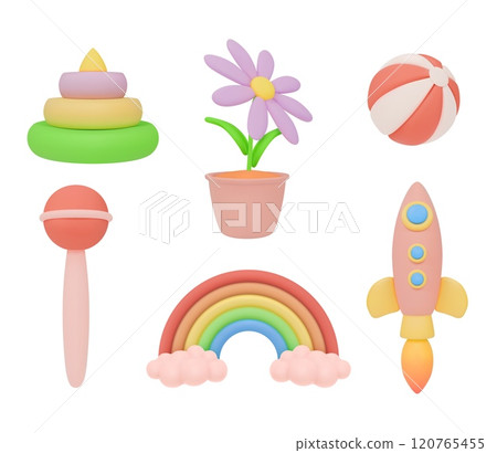3D kids icons. Children toys. Color pyramid. Cute plant in flowerpot. Playing ball. Babies plastic rattle. Pastel rainbow with clouds. Rocket spaceship. Vector cartoon render objects set 3D kids icons. Children toys. Color pyramid. Cute plant in flowerpot. Playing ball. Babies plastic rattle. Pastel rainbow with clouds. Rocket spaceship. Vector cartoon render objects set 120765455