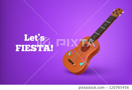 3D guitar. Mexican mariachi element. Ukulele Latin music art. Hawaii render acoustic musical instrument. Flamenco song. Traditional holiday party. Flower ornament. Vector fiesta background 3D guitar. Mexican mariachi element. Ukulele Latin music art. Hawaii render acoustic musical instrument. Flamenco song. Traditional holiday party. Flower ornament. Vector fiesta background 120765456