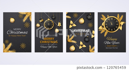 New Year greeting cards. Happy Merry Christmas celebration. Gold fir tree branch. Holiday time. Gift boxes. Golden decoration. Holly leaves. Luxury design. Vector festive black banners set New Year greeting cards. Happy Merry Christmas celebration. Gold fir tree branch. Holiday time. Gift boxes. Golden decoration. Holly leaves. Luxury design. Vector festive black banners set 120765459