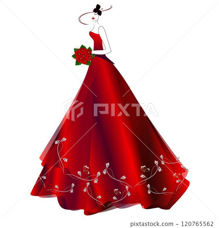Elegant woman in a hat, in red long dress with bouquet. 120765562