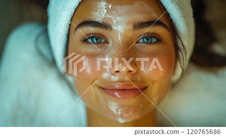 Close-up of a woman enjoying a skincare facial treatment, her face glowing with moisture 120765686