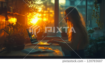 Woman typing on a laptop at a cozy workspace, bathed in warm sunset light through the window 120765687