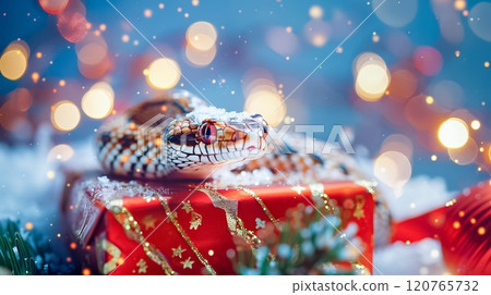 Banner with cute snake on gift box and bokeh background. Symbol of New Year 2025 Banner with cute snake on gift box and bokeh background. Symbol of New Year 2025 120765732