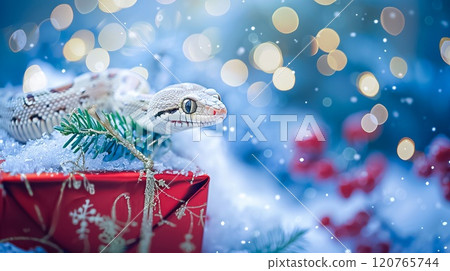 Banner with cute snake on gift box and bokeh background. Symbol of New Year 2025 Banner with cute snake on gift box and bokeh background. Symbol of New Year 2025 120765744