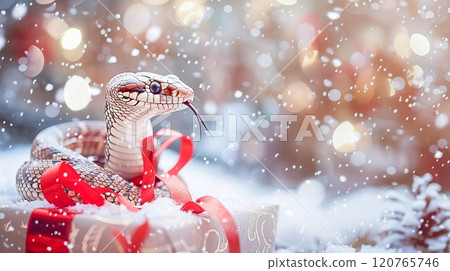 Banner with cute snake on gift box and bokeh background. Symbol of New Year 2025 Banner with cute snake on gift box and bokeh background. Symbol of New Year 2025 120765746