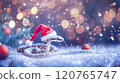 Banner with cute snake in Santa Claus hat on snow bokeh background. Symbol of New Year 2025 120765747