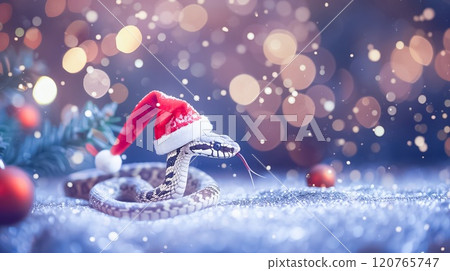 Banner with cute snake in Santa Claus hat on snow bokeh background. Symbol of New Year 2025 120765747