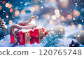Banner with cute snake on gift box and bokeh background. Symbol of New Year 2025 120765748