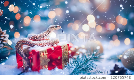 Banner with cute snake on gift box and bokeh background. Symbol of New Year 2025 120765748