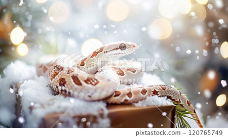 Banner with cute snake on gift box and bokeh background. Symbol of New Year 2025 Banner with cute snake on gift box and bokeh background. Symbol of New Year 2025 120765749