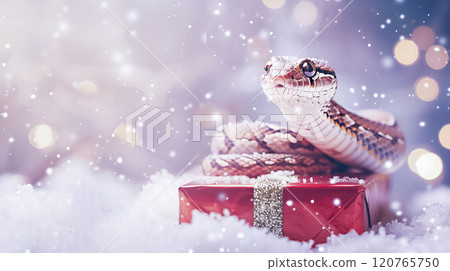 Banner with cute snake on gift box and bokeh background. Symbol of New Year 2025 120765750