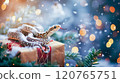 Banner with cute snake on gift box and bokeh background. Symbol of New Year 2025 120765751