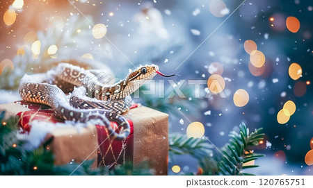 Banner with cute snake on gift box and bokeh background. Symbol of New Year 2025 120765751