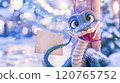 Banner with cute snake close up with table for text and bokeh background in cartoon style. Symbol of New Year 2025 120765752