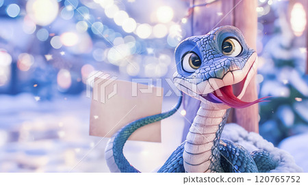Banner with cute snake close up with table for text and bokeh background in cartoon style. Symbol of New Year 2025 120765752