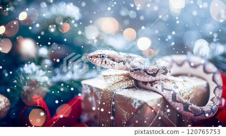 Banner with cute snake on gift box and bokeh background. Symbol of New Year 2025 120765753