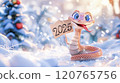 Banner with cute snake close up with table for text and bokeh background in cartoon style. Symbol of New Year 2025 120765756
