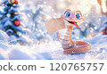 Banner with cute snake close up with table for text and bokeh background in cartoon style. Symbol of New Year 2025 120765757