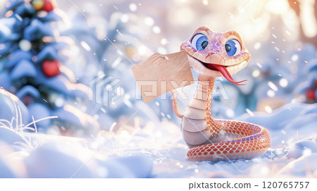 Banner with cute snake close up with table for text and bokeh background in cartoon style. Symbol of New Year 2025 120765757