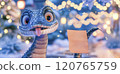 Banner with cute blue snake close up with table for text and bokeh background in cartoon style. Symbol of New Year 2025 120765759