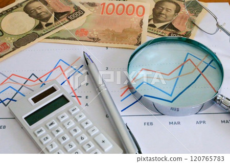 Business image: Graph, banknotes and magnifying glass Asset management Business image: Graph, banknotes and magnifying glass Asset management 120765783