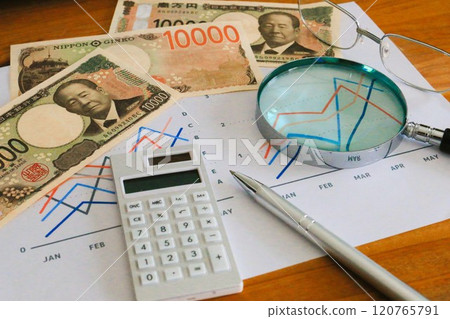 Business image: Graph, banknotes and magnifying glass Asset management Business image: Graph, banknotes and magnifying glass Asset management 120765791