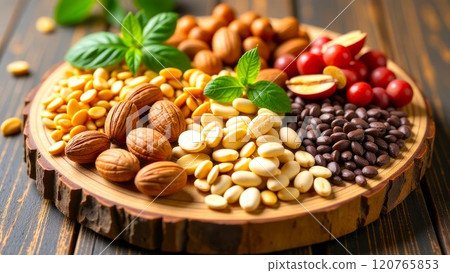 Selection of nuts and seeds rich in plant fats on a wooden board, vibrant and healthy display. Close-up. Plantbased nutrition, healthy food 120765853