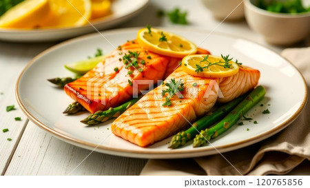 Grilled salmon fillets with lemon slices and asparagus, on the light wooden background. Healthy meal prep, gourmet and nutritious meal presentation on white plate 120765856