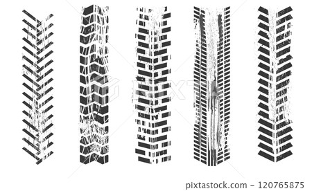Tyre mark car or bike wheel trace, grunge textured trail silhouette. Top view, print brush stroke dirt. Speed rally dirty rubber path. Tyre mark car or bike wheel trace, grunge textured trail silhouette. Top view, print brush stroke dirt. Speed rally dirty rubber path. 120765875