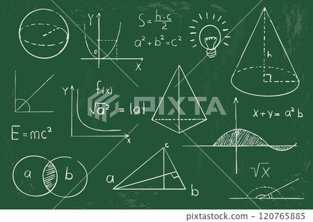 Math geometry graph and shapes on blackboard background. Set science doodle hand drawn sketch elements. Study theory formula, calculations. 120765885