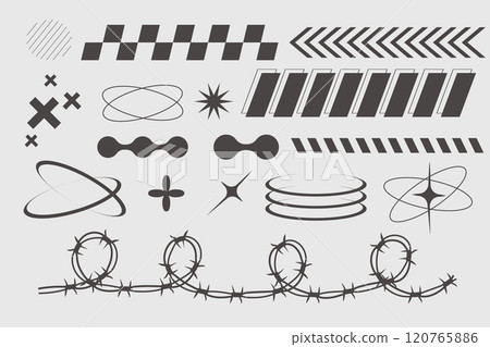 Y2k geometric elements border set, heart with flame, barbed wire, grid pattern. Groovy cyber retro design elements.  120765886