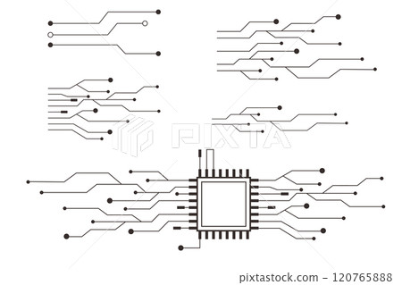 Circuit board line microchip, software. Integrated motherboard, connections. Innovative Electronic Network. Technology background, design elements geometric and connection system. 120765888