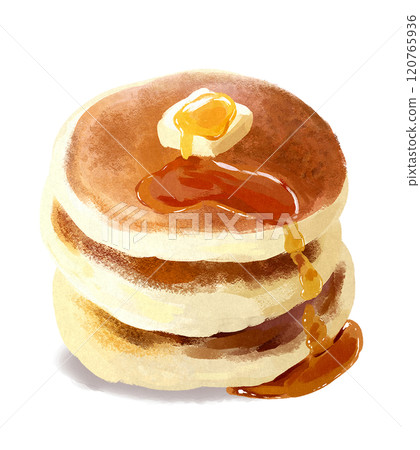 三層煎餅,上面塗有奶油和楓糖漿 三層煎餅,上面塗有奶油和楓糖漿 120765936