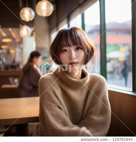 AI-generated image of a woman relaxing in a cafe AI-generated image of a woman relaxing in a cafe 120765945