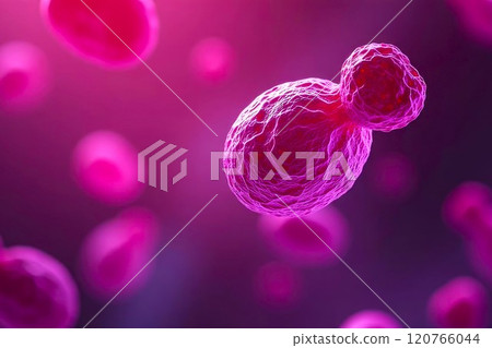 Close-up of flowing molecules, under microscope. Medicine research concept. Biochemical detail. Virus, bacteria, cancer tumor and glucose cell 120766044