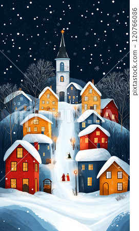 Charming illustration of snow-covered village on peaceful winter night, with colorful houses nestled on hillside leading up to church with glowing star atop its steeple.  120766086