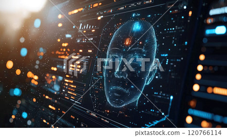 Human face with digital biometric data on computer screen, facial recognition AI technology. Concept of dashboard, identification 120766114