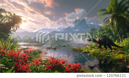 Scenic view of dinosaur in tropical forest of Jurassic era, prehistoric animal in jungle near water at sunset. Concept of landscape, extinct. 120766131